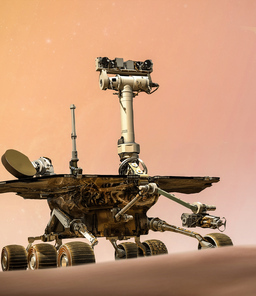 Mars Rover on the surface of Mars with a planet in the background.